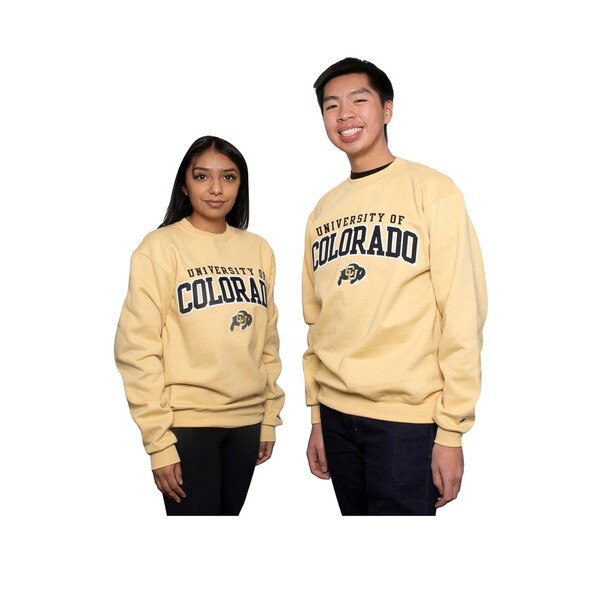 Two people wearing a vegas gold Champion crewneck that reads "University of Colorado" in black lettering with the CU Buffalo logo underneath.